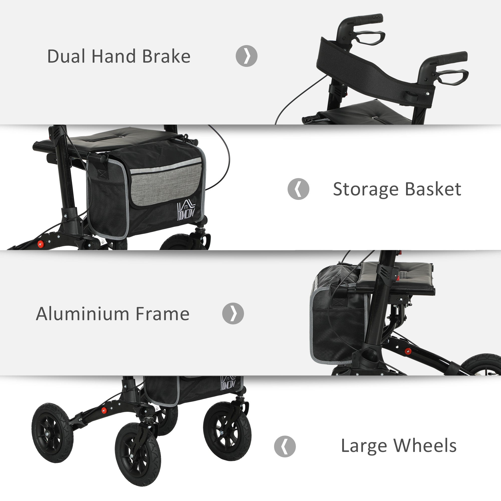 HOMCOM Folding Rollator Walker with Padded Seat, Backrest, Lightweight Walking Frame with Storage Bag, Dual Brakes, All-terrain Wheels, Adjustable Handle Height, 4 Wheeled Walker for Seniors, Black 