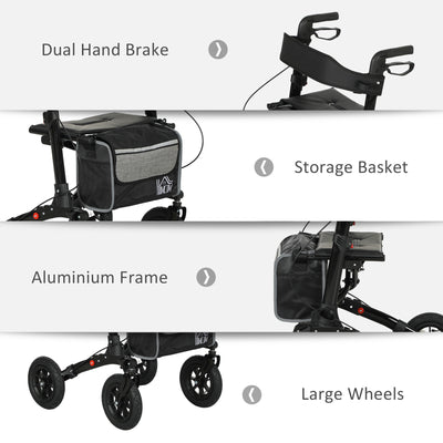 HOMCOM Folding Rollator Walker with Padded Seat, Backrest, Lightweight Walking Frame with Storage Bag, Dual Brakes, All-terrain Wheels, Adjustable Handle Height, 4 Wheeled Walker for Seniors, Black 