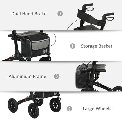 HOMCOM Folding Rollator Walker with Padded Seat, Backrest, Lightweight Walking Frame with Storage Bag, Dual Brakes, All-terrain Wheels, Adjustable Handle Height, 4 Wheeled Walker for Seniors, Black 