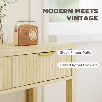 HOMCOM Modern Console Table with Fluted Panel Drawers, Narrow Hallway Table with Shelf for Entryway, Living Room, 90 x 30 x 76 cm, Natural Wood Finish 
