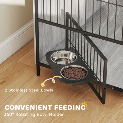 PawHut Large Dog Crate Furniture with Rotating Bowl Holder, 2 Bowls, 2 Doors, for Large Dogs, 100 x 60 x 88 cm, Grey 