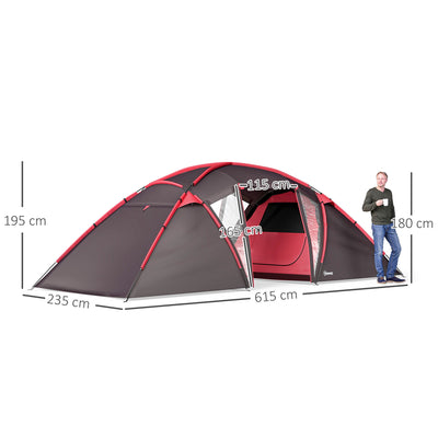 Outsunny 4-6 Man Family Camping Tent w/ 2 Bedrooms and a Living Room, Waterproof Tunnel Tent w/ Sewn In Groundsheet, Doors, Windows, Carry Bag, Grey 