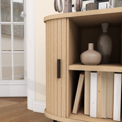HOMCOM Mid-Century Modern Sideboard Storage Cabinet with Slatted Tambour Sliding Doors, Kitchen Cabinet with Steel Legs, Oak Tone 
