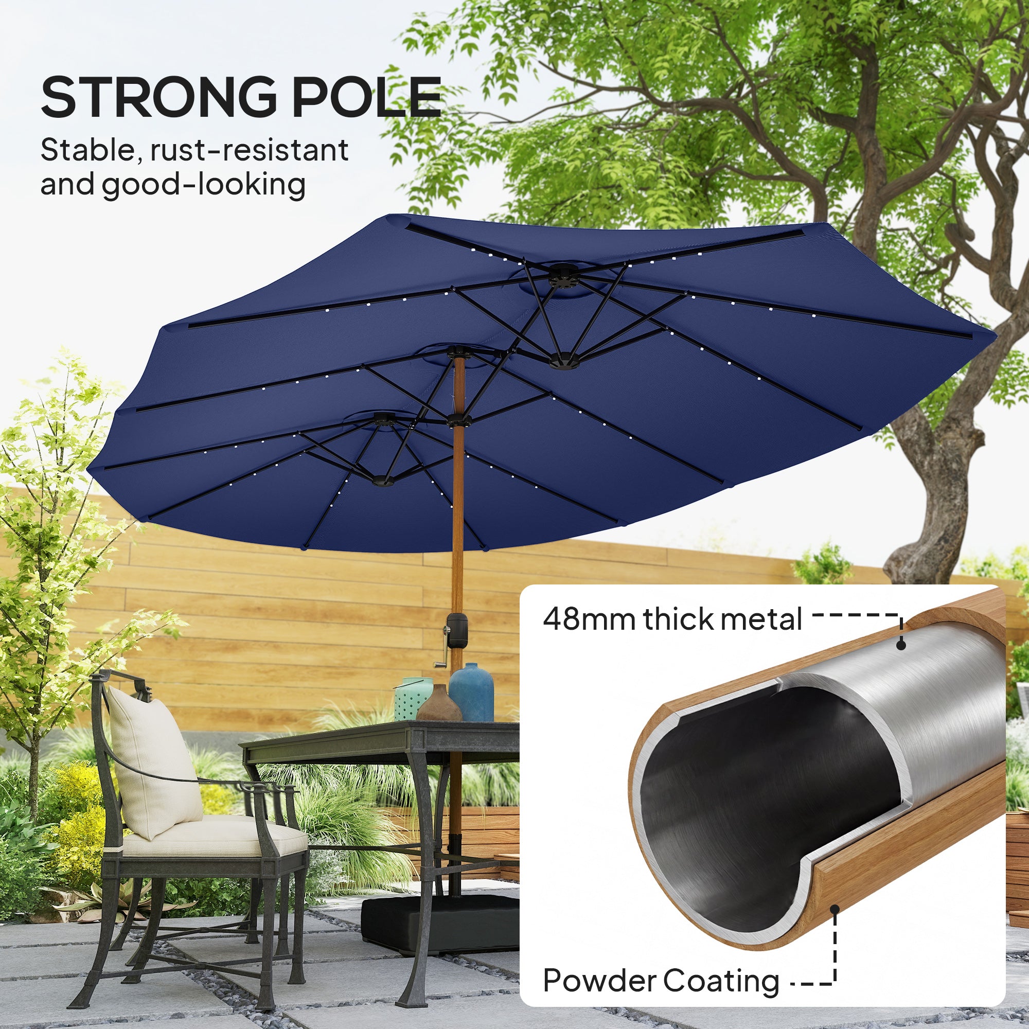 Outsunny Double Sided Garden Parasol with Base Included & 48 Solar LED Lights Patio Umbrella Crank Handle 4.6m Dark Blue 