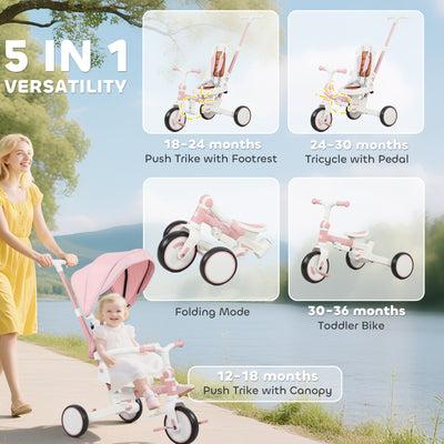 AIYAPLAY 5 in 1 Kids Trike with Adjustable Backrest, Toddler Tricycle with Push Handlebar, Adjustable Backrest, Pink 