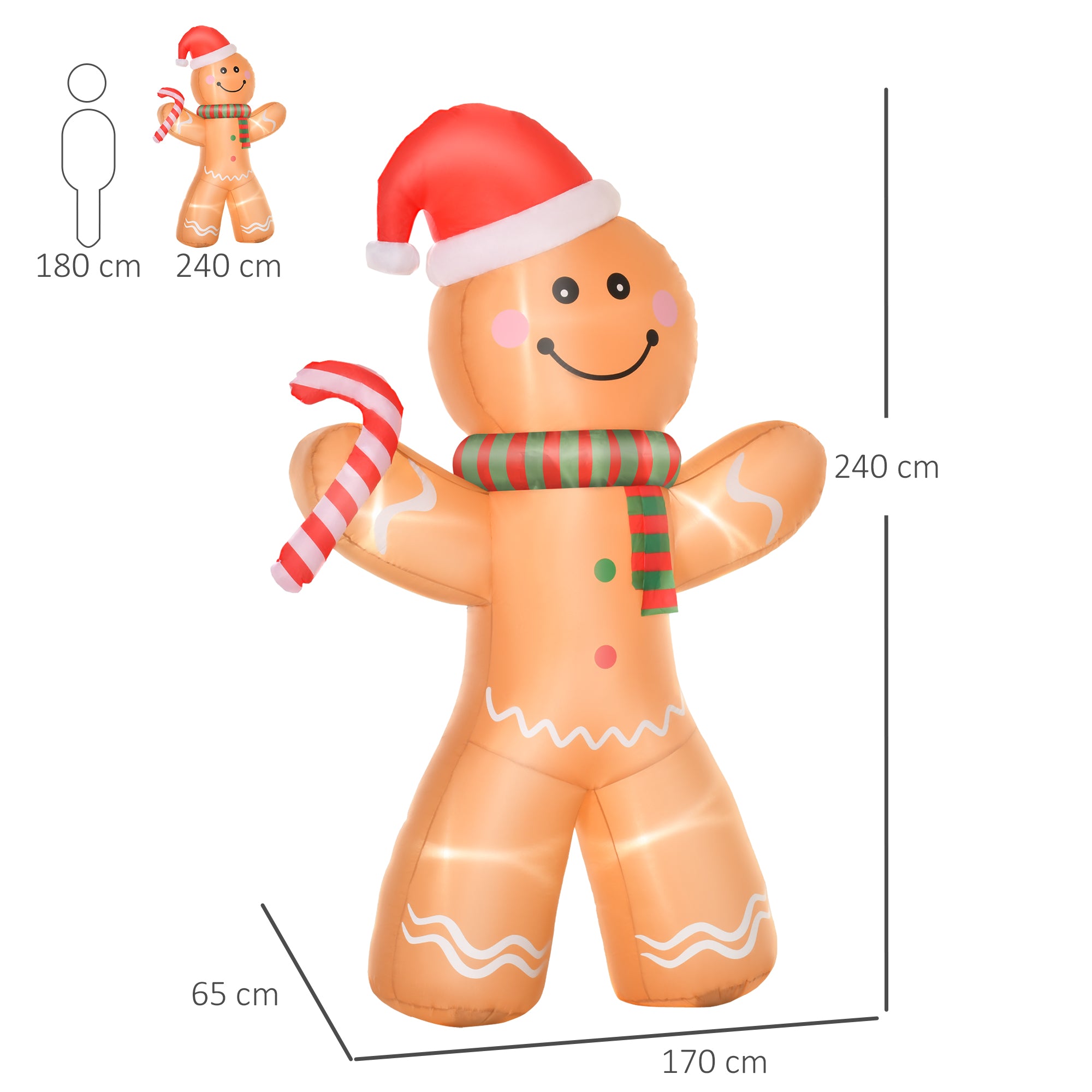 HOMCOM 8ft Christmas Inflatable Gingerbread Man, Lighted Blow Up Yard Decor Indoor Outdoor Garden Lawn Party Prop 