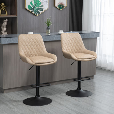 HOMCOM Retro Bar Stools Set of 2, Adjustable Kitchen Stool, Upholstered Bar Chairs with Back, Swivel Seat, Light Khaki 