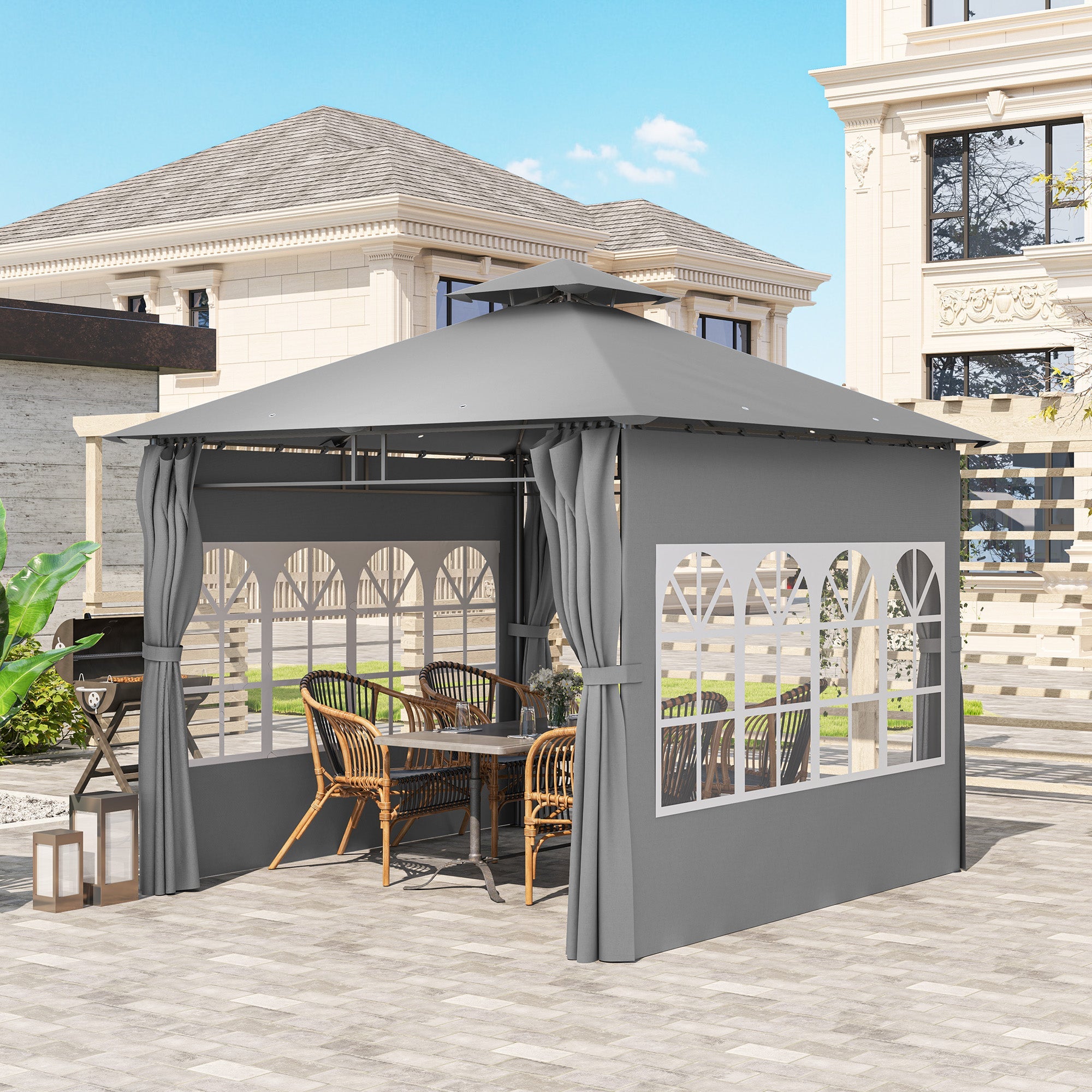 Outsunny 3 x 3 m Garden Gazebo, Double Roof Metal Gazebo with Removable Sidewalls and Church Windows, Outdoor Canopy Shelter, Light Grey 