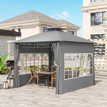 Outsunny 3 x 3 m Garden Gazebo, Double Roof Metal Gazebo with Removable Sidewalls and Church Windows, Outdoor Canopy Shelter, Light Grey 