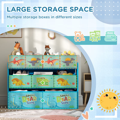 AIYAPLAY 3-Tier Kids Storage Unit with 9 Non-Woven Fabric Boxes for Toys, Books, for Bedroom, Nursery, Blue 