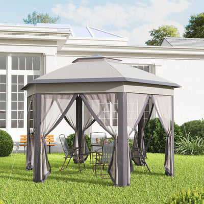 Outsunny 3 x 4m Garden Gazebo Hexagon Pop Up Party Tent Canopy Double Roof Instant Shelter with Netting and Carry Bag for Outdoor Patio, Beige 