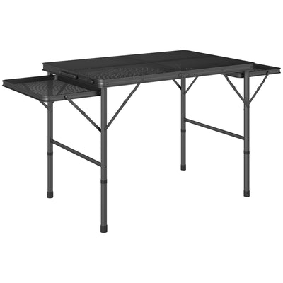 Outsunny Folding Grill Table, 4.5ft Portable Camping Table with 2 Wing Panels, Height Adjustable Metal Picnic Table for Camping, Picnic and BBQ, Black 