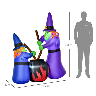 HOMCOM 1.8m Inflatable Halloween Lawn Decoration with LED Witches Around A Black Cauldron Outdoor Air Blown Holiday Décor 