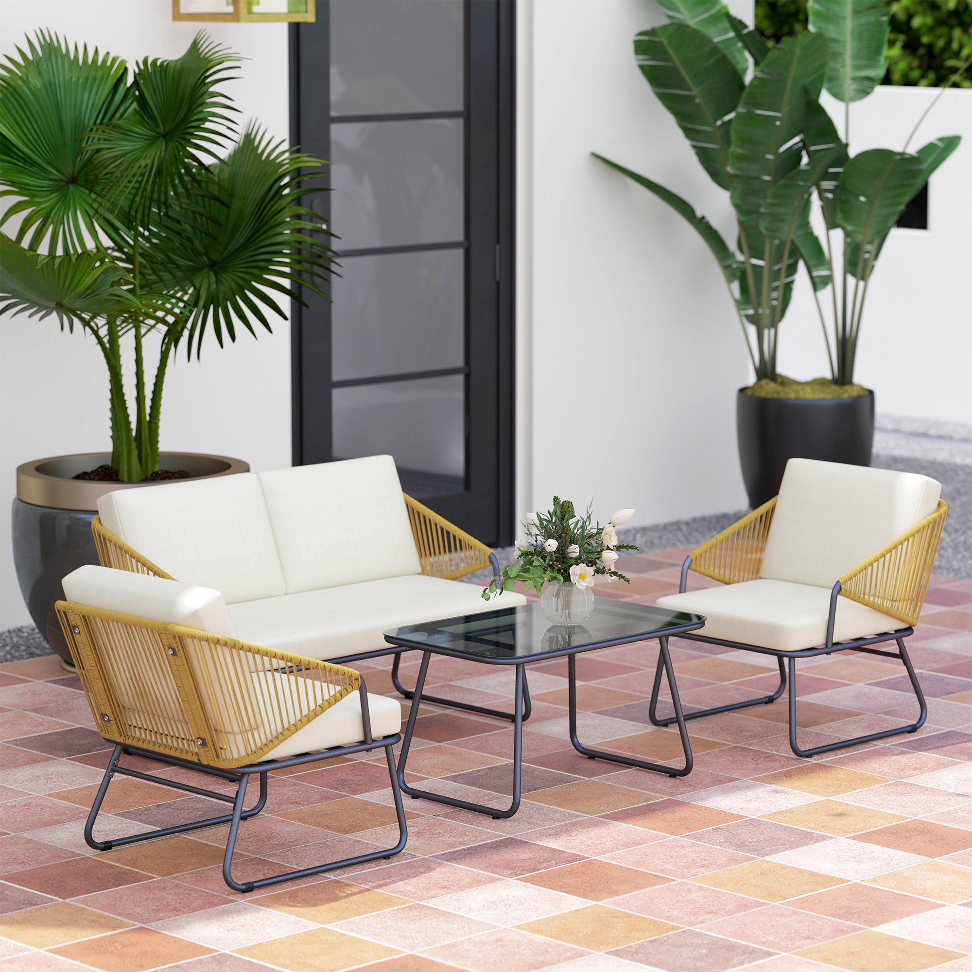 Outsunny 4 Piece Rattan Garden Furniture Set, Wicker Patio Outdoor Furniture Set with Loveseat, Armchairs, Glass Top Coffee Table and Cushions for Patio, Conservatory, Balcony, Natural Wood Finish