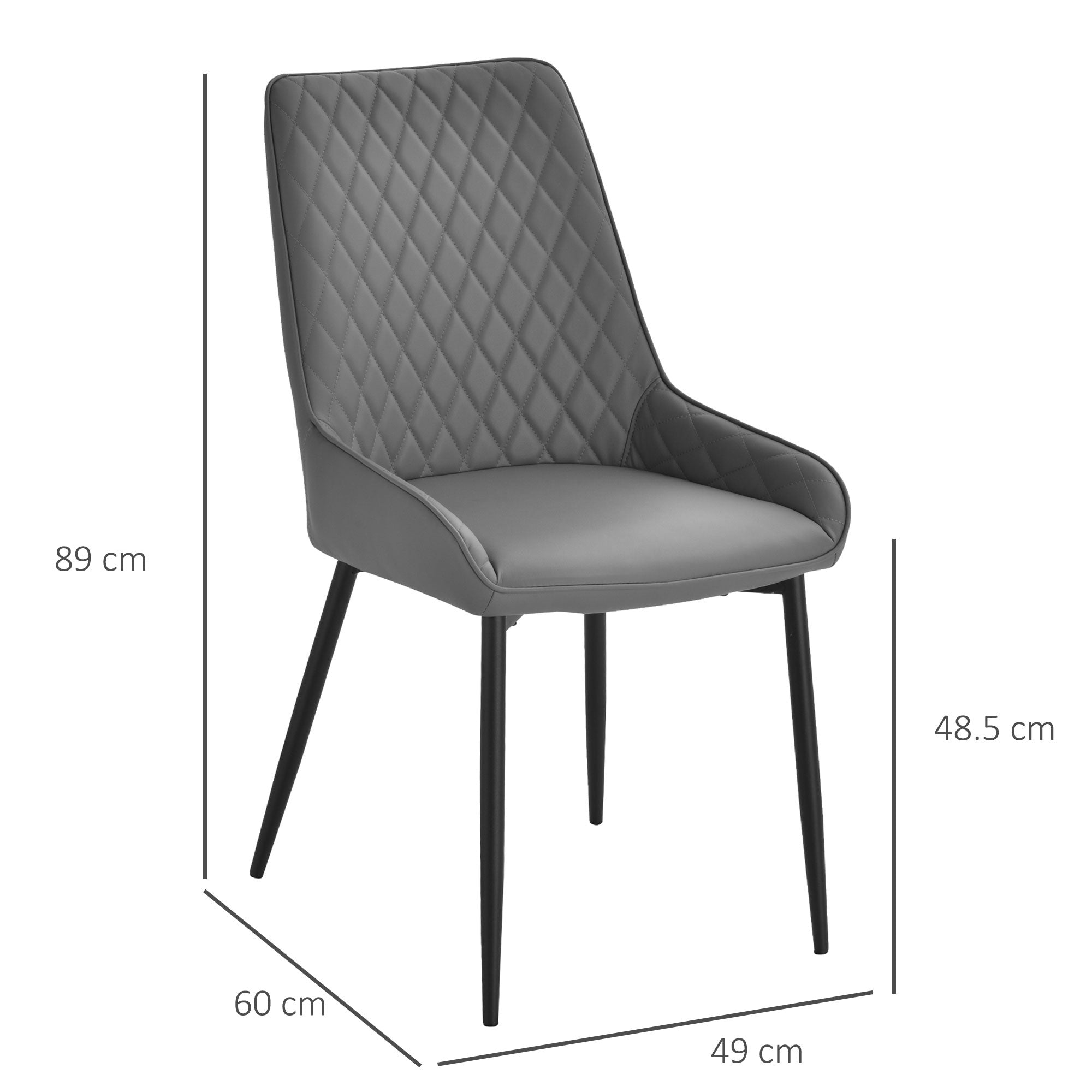 HOMCOM Set Of 2 Quilted PU Leather Dining Chairs with Metal Frame 4 Legs Foot Caps Home Seating Modern Stylish Executive Grey 
