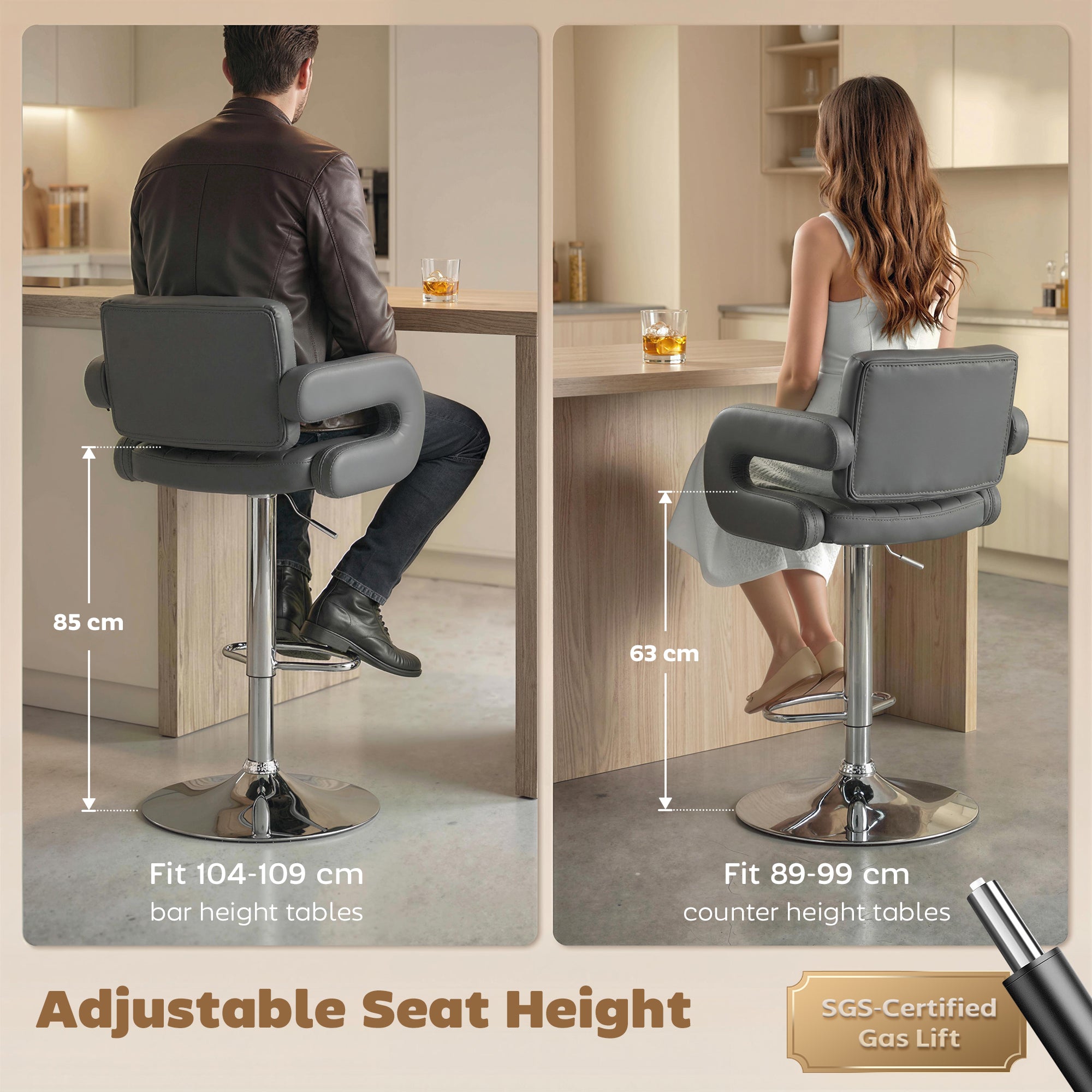 HOMCOM Bar Stools Adjustable Swivel Kitchen Chairs with Backrest Armrest Set of 2 PU Leather Grey 
