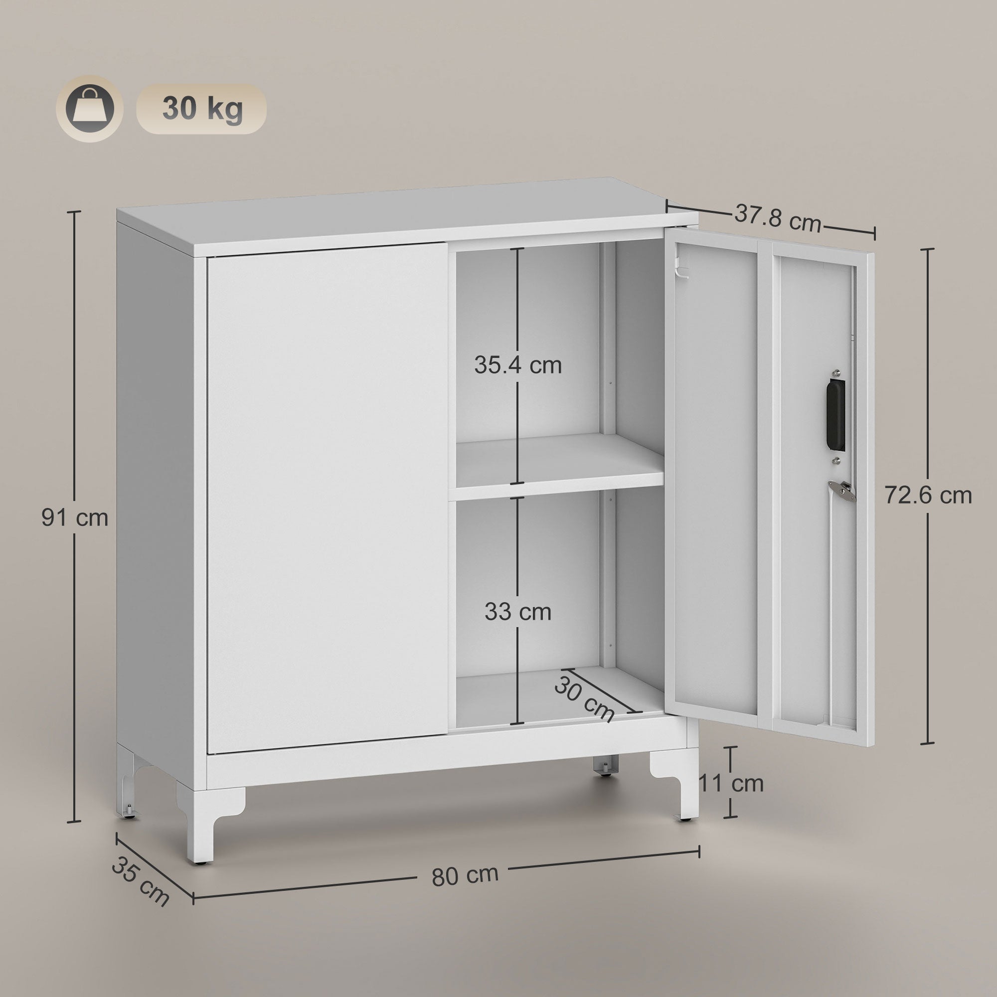 HOMCOM Lockable Metal Filing Cabinet, 2-Tier Storage Cupboard with Double Doors, Modern Office Organiser, White 