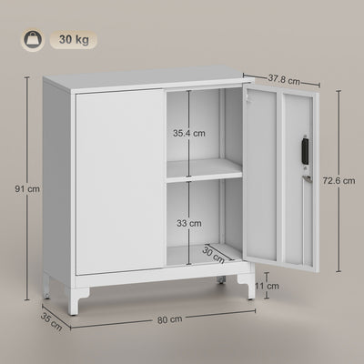 HOMCOM Lockable Metal Filing Cabinet, 2-Tier Storage Cupboard with Double Doors, Modern Office Organiser, White 