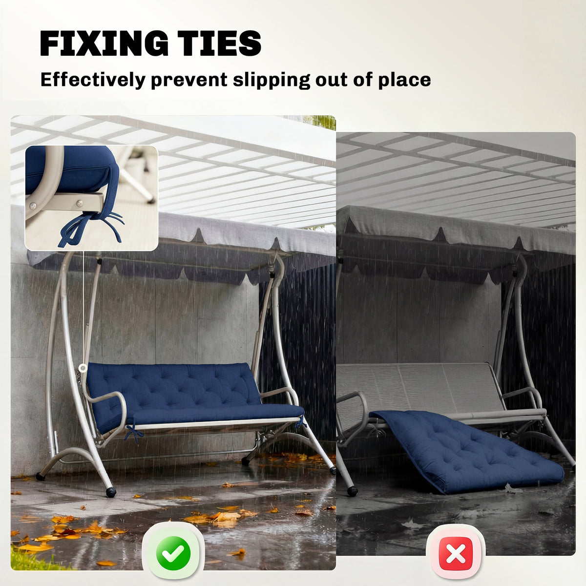 Outsunny 3 Seater Bench Cushion, Garden Chair Cushion with Back and Ties for Indoor and Outdoor Use, 98 x 150 cm, Dark Blue 
