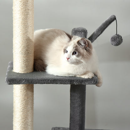 PawHut 270cm Floor To Ceiling Cat Tree Cat House Scratching Post for Indoor Cats Hammock Hanging Ball Activity Center Grey 