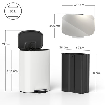 HOMCOM 50L Kitchen Bin with Soft-Close Lid and Stay-Open Function, Stainless Steel Pedal Bin with Removable Inner Bucket, Carry Handle for Kitchen, Office, Home, Cream 