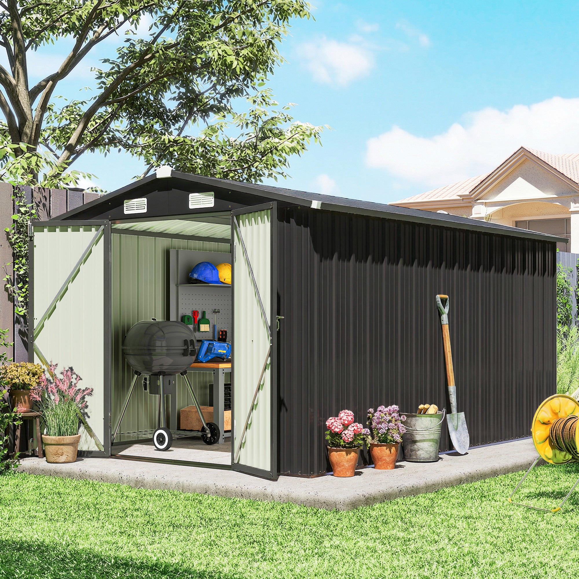 Outsunny 12 x 8 ft Garden Shed, Outdoor Storage Shed with 4 Vents and Lockable Double Doors, Dark Grey 