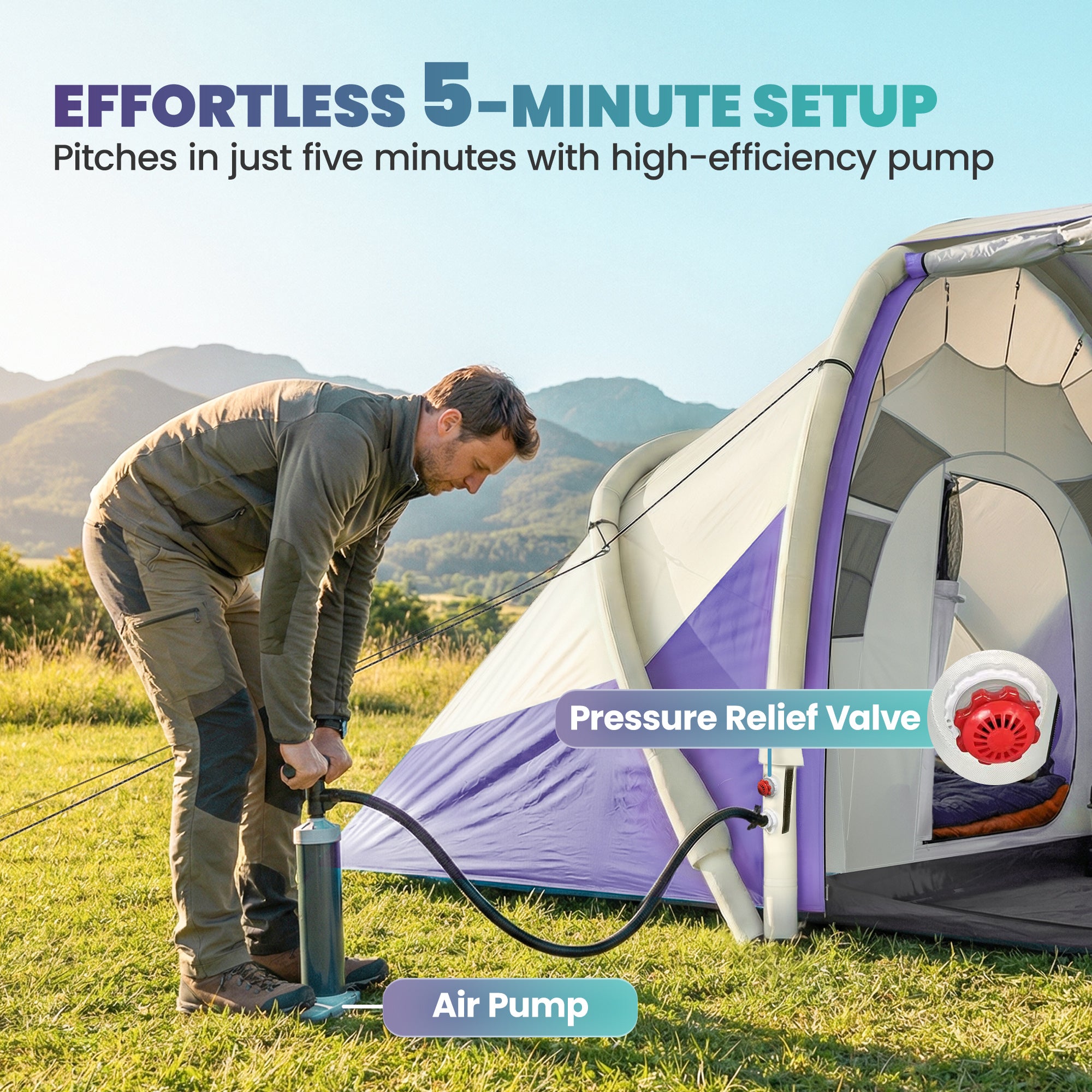 Outsunny Inflatable Tent 2 Bedroom 3000mm Waterproof Windproof Air Tent with Carry Bag for 4 Person 