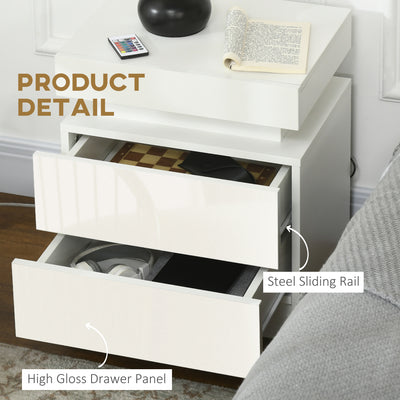 HOMCOM White Bedside Table with LED Light, High Gloss Front Nightstand with 2 Drawers, for Living Room, Bedroom 