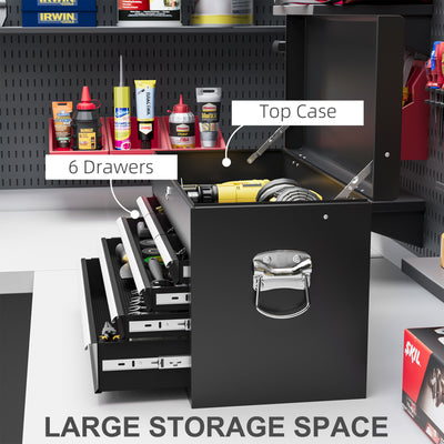 HOMCOM Steel Six Drawer Tool Storage Carry Chest, with Lock and Keys - Black 