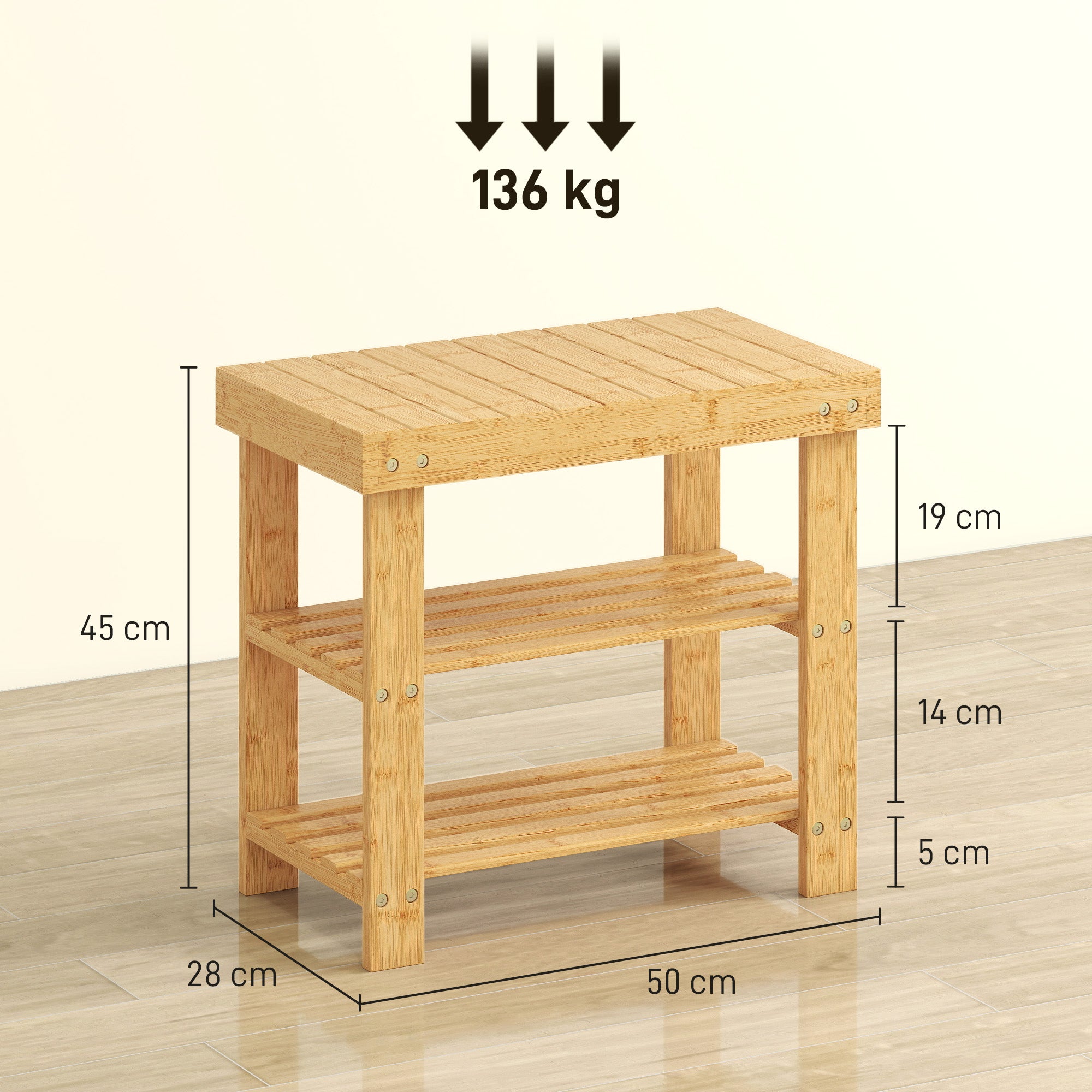 HOMCOM Two Shelf Bamboo Shoe Storage Bench - Natural Finish 