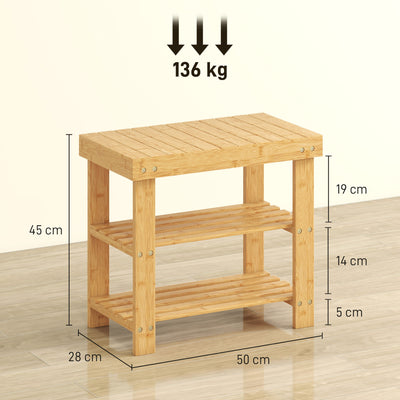 HOMCOM Two Shelf Bamboo Shoe Storage Bench - Natural Finish 