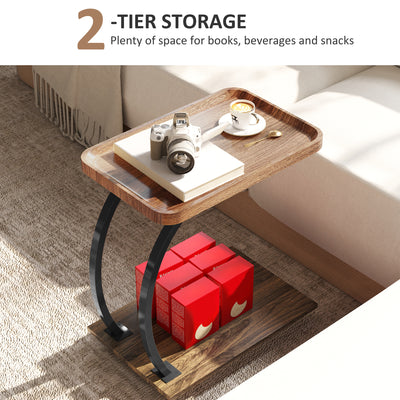 HOMCOM 2-Tier Mobile C-Shaped Side Table - Brown 