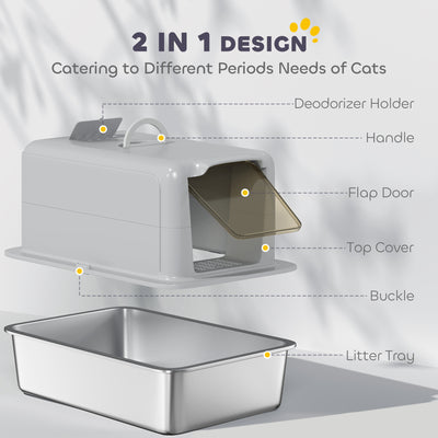 PawHut Stainless Steel Cat Litter Box with Removable Lid, Scoop, Filter Bags, for Larger Cats, Grey 