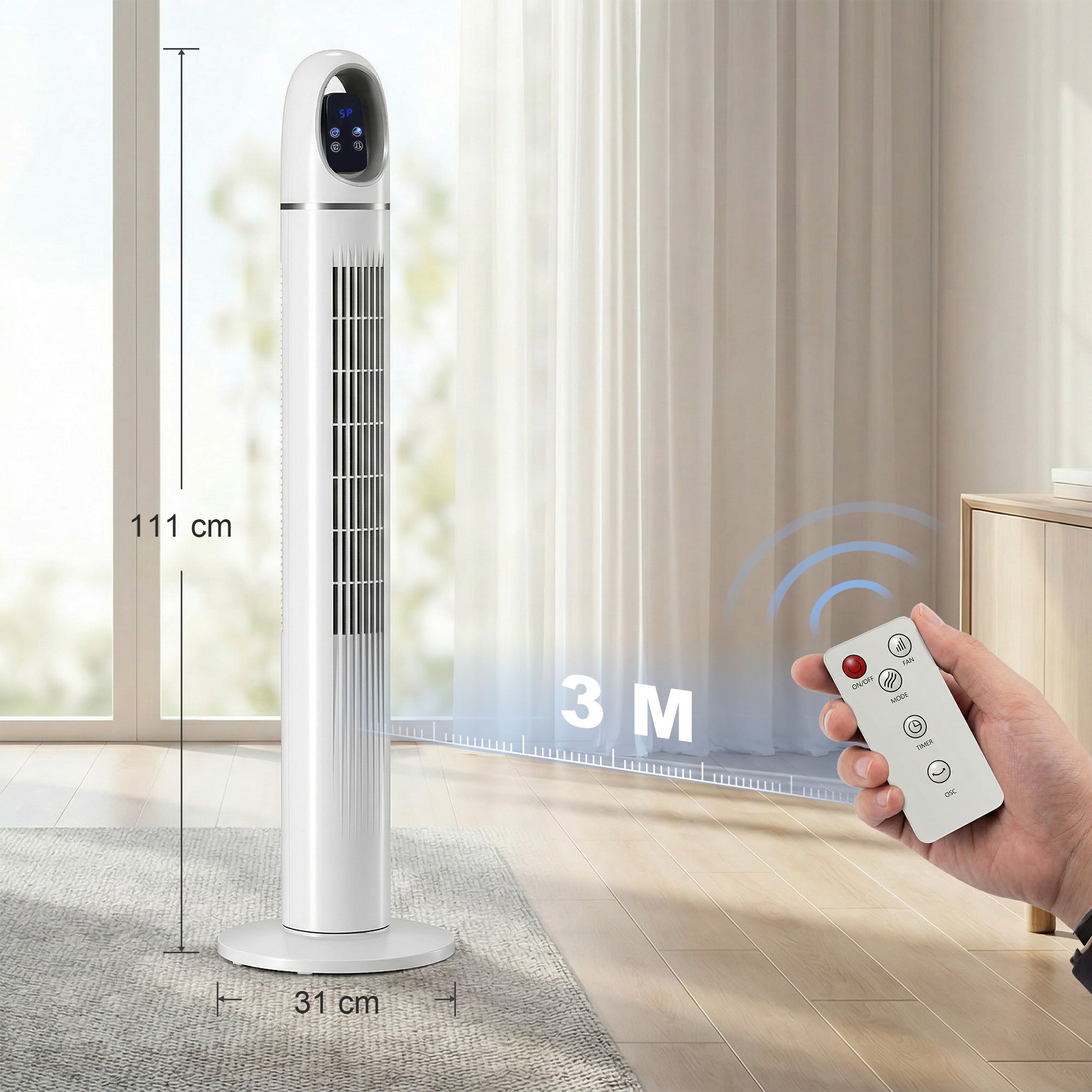 HOMCOM Tower Fan for Bedroom, Standing Floor Fan with Oscillating, 3 Modes, 3 Speeds, 24 Hour Timer, White 