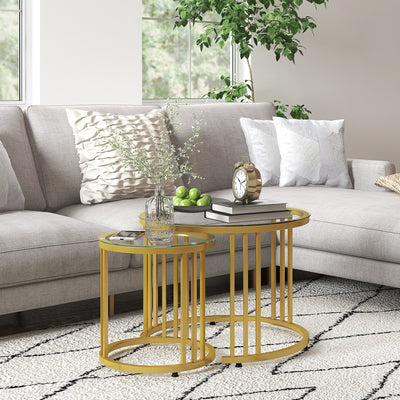 HOMCOM Round Coffee Tables Set of 2, Nesting Tables with Tempered Glass Top and Steel Frame, 60cmx60cmx47cm, Gold Tone 