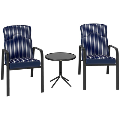 Outsunny 3-Piece Patio Bistro Set, 5-Position Adjustable Recliner Garden Chairs and Tempered Glass Table, Garden Furniture Set with Cushions, High Back, Armrests, Metal Frame for Balcony Patio, Blue 