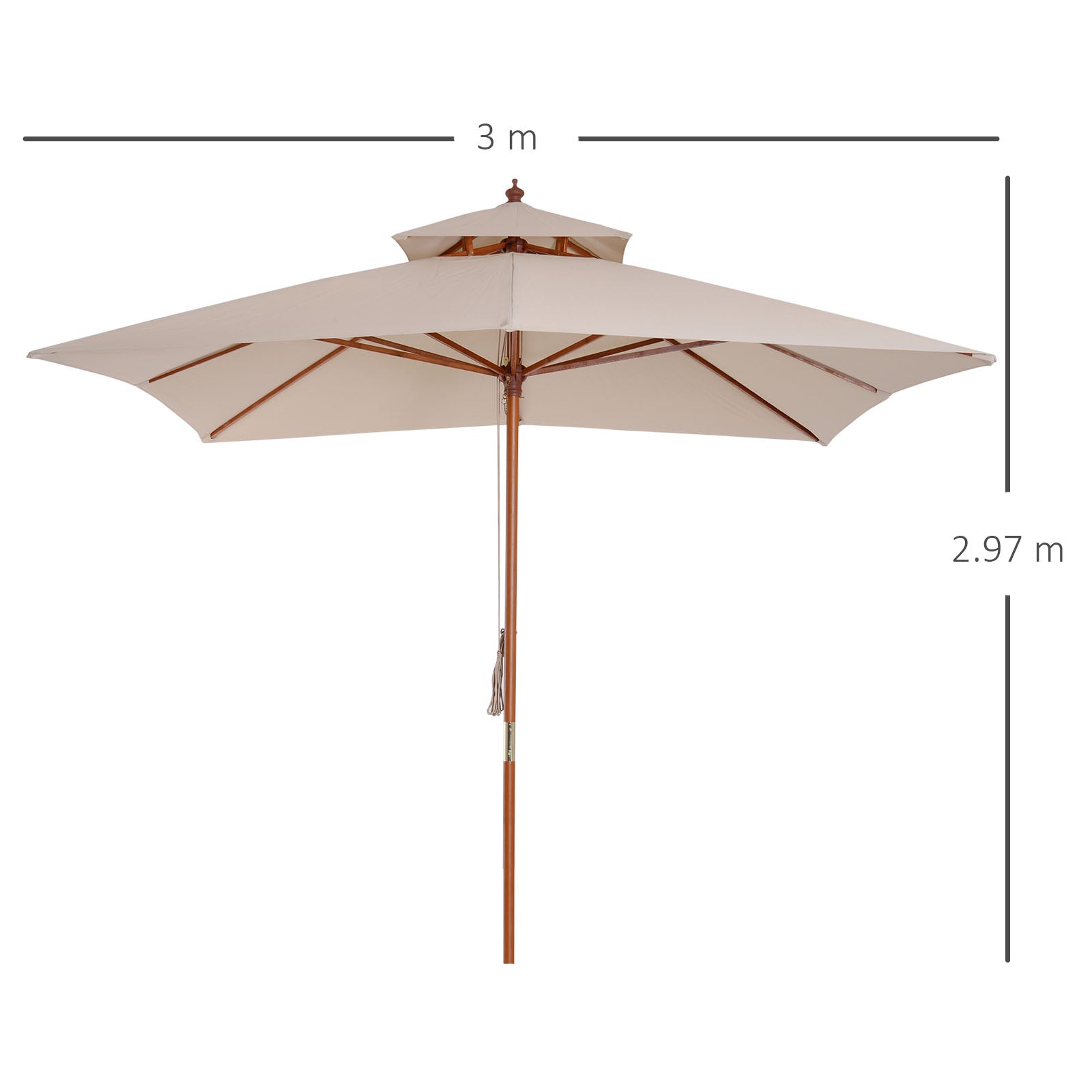Outsunny 3 x 3 metre Patio Parasol Garden Umbrellas Sunshade Outdoor Wooden Parasol Canopy Double Tier, Beige, BASE NOT INCLUDED 