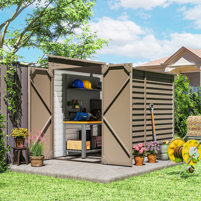 Outsunny 5 x 9ft Galvanised Metal Garden Shed with Foundation Kit, Outdoor Lean-to Shed, Tool Storage House with Lockable Doors, Gloves and 2 Air Vents for Patio, Garden, Brown 