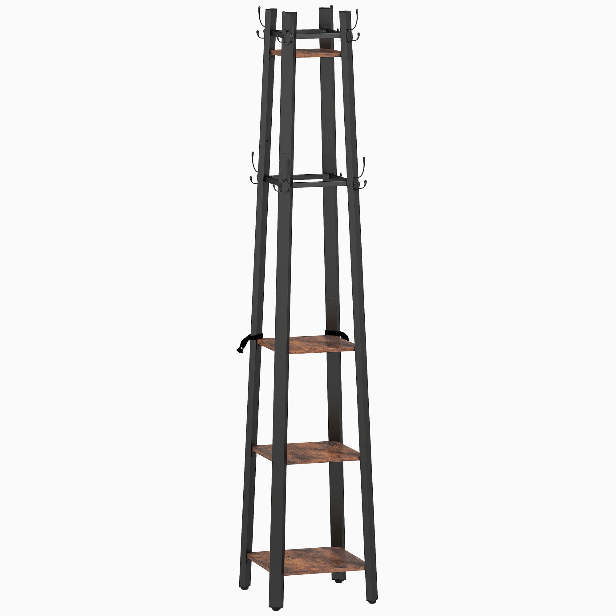 HOMCOM Industrial-Style Four Shelf Coat Stand - Brown/Black