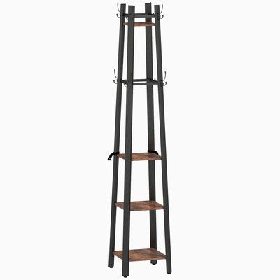 HOMCOM Industrial-Style Four Shelf Coat Stand - Brown/Black 