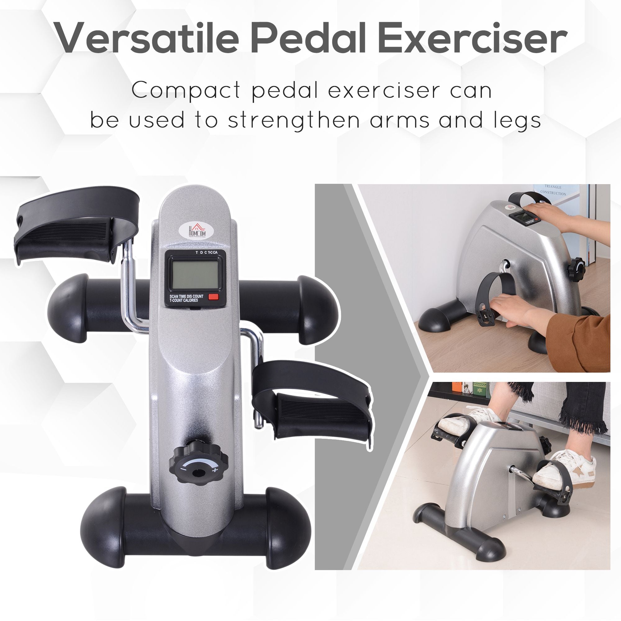 HOMCOM Mini Exercise Bike, Portable Pedal Exerciser, Under Desk Bike with LCD Display for Legs and Arms Training, Silver Tone 