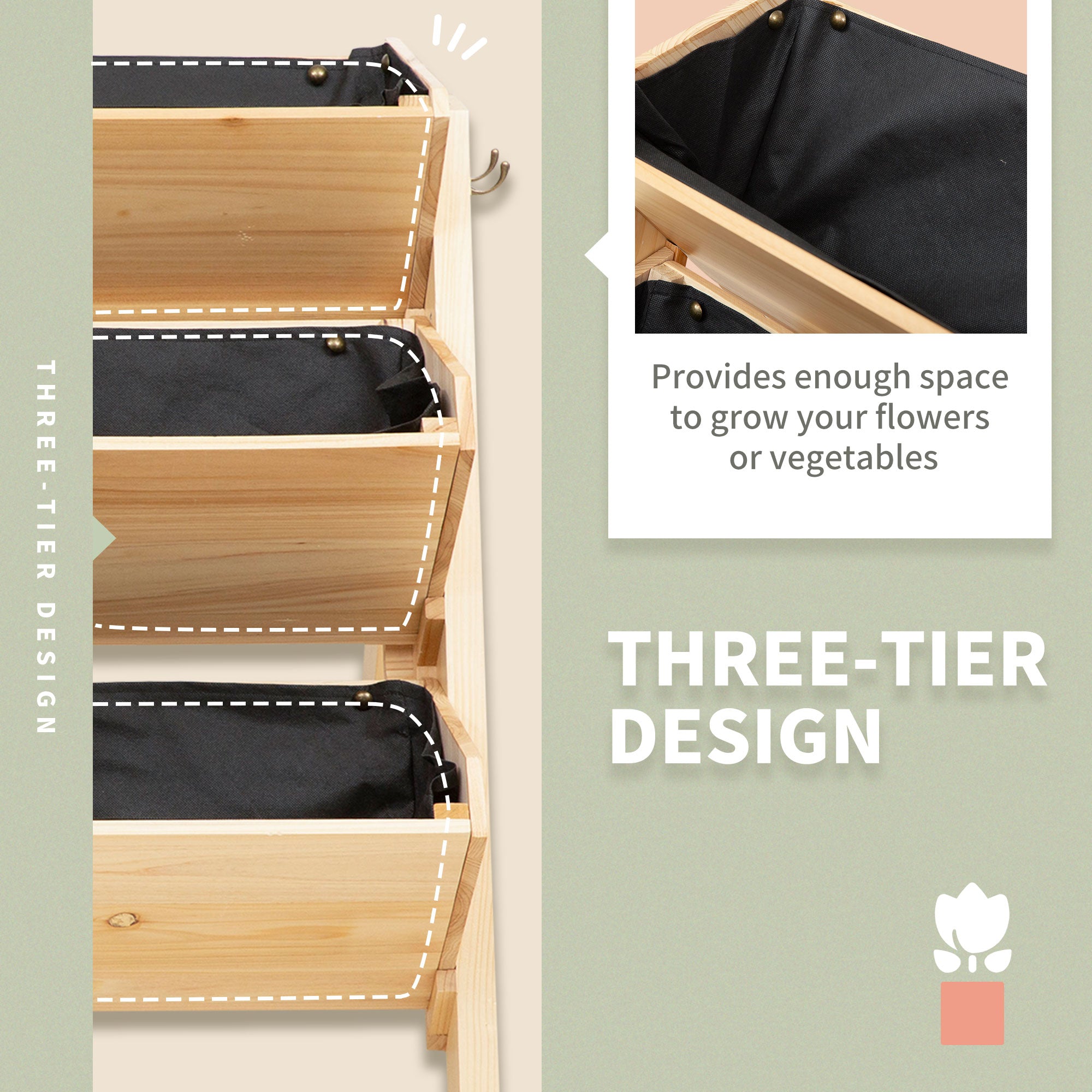 Outsunny 3 Tier Raised Beds for Garden, Wooden Planter Boxes with Clapboard and Hooks, 142L, 120 x 68 x 80cm 
