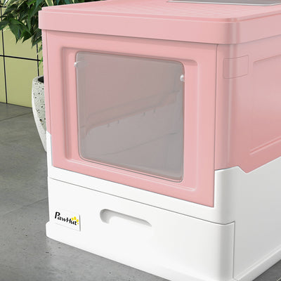 PawHut Hooded Cat Litter Box, Portable Pet Toilet, with Scoop, Front Entry - Pink 