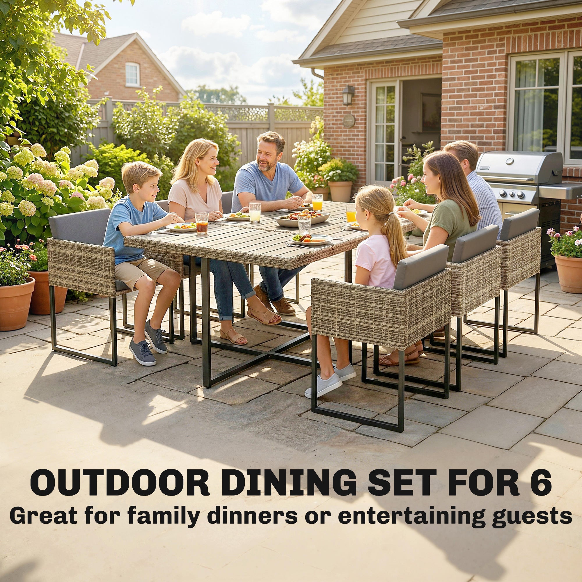 Outsunny 7 Piece Rattan Garden Furniture Set, Garden Dining Set with Wood-Plastic Table and 6 Stackable Chairs, Light Brown 