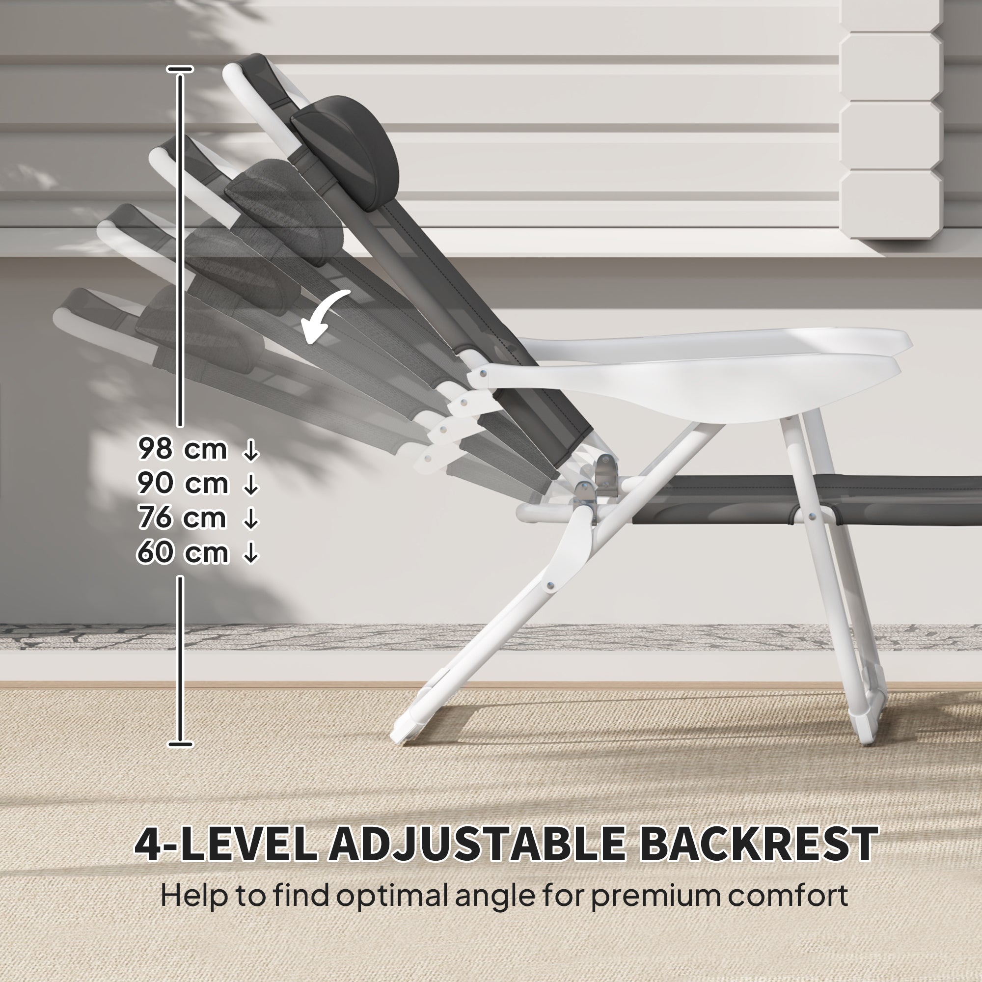 Outsunny Foldable Lounge Chair with 4-Level Adjustable Backrest & Headrest - Charcoal Grey