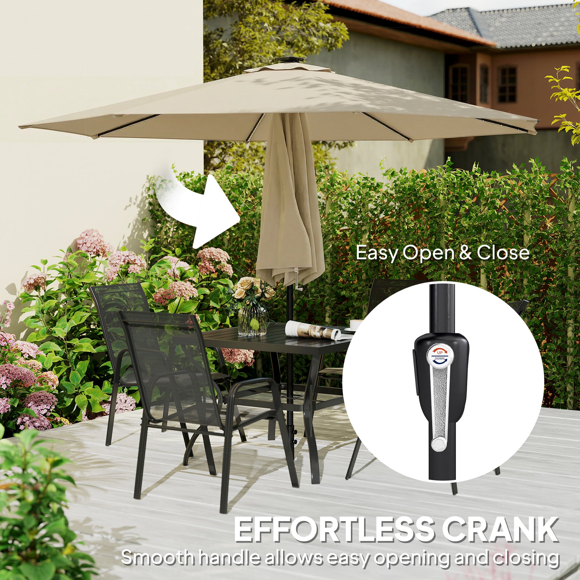 Outsunny 3 m Garden Parasol Umbrella with 112 Solar Powered LED Lights, Patio Umbrella with Crank Handle, Beige 