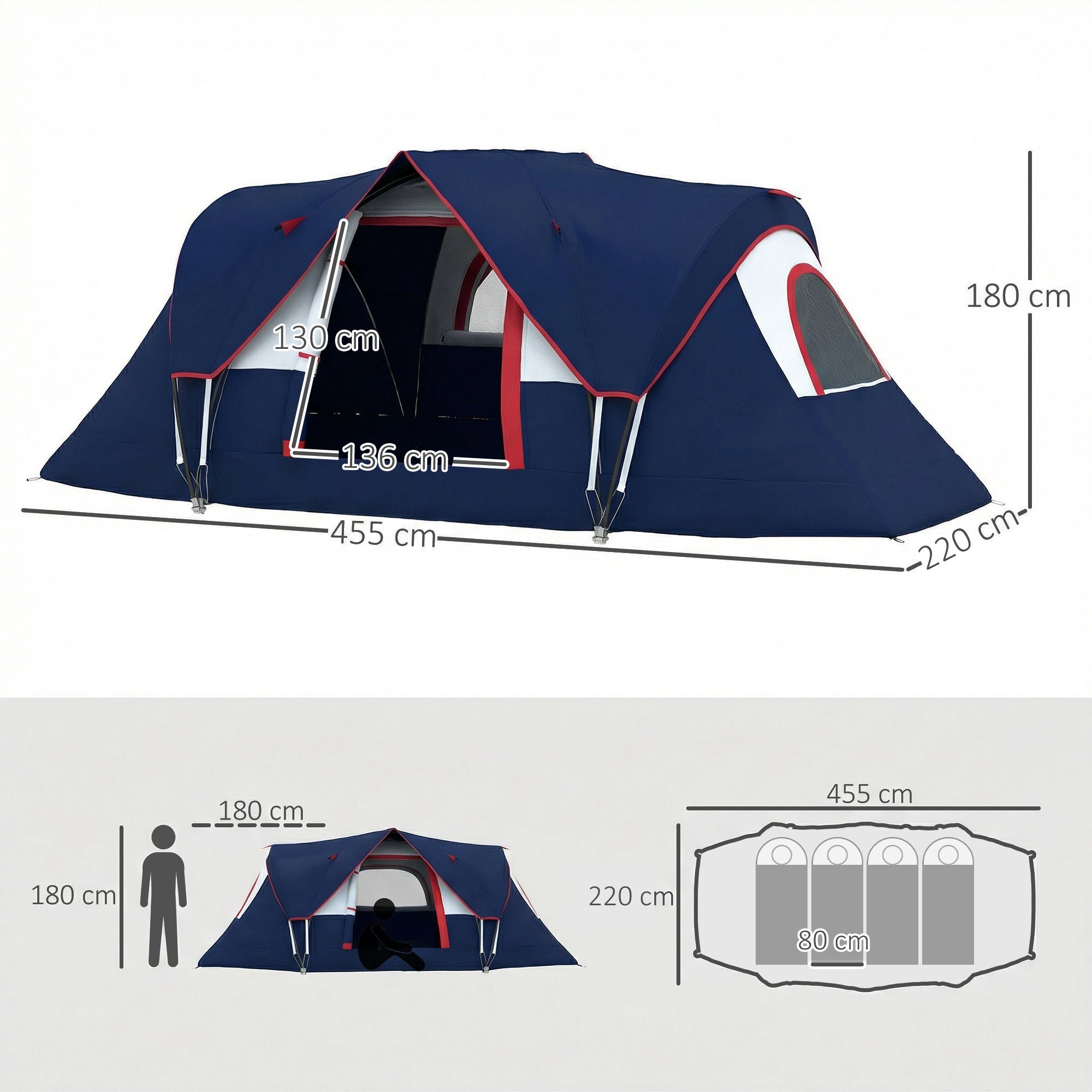 Outsunny 5-6 Man Camping Tent, Tunnel Tent, Water Resistant Hiking Shelter with Groundsheet and Carry Bag, Navy Blue 