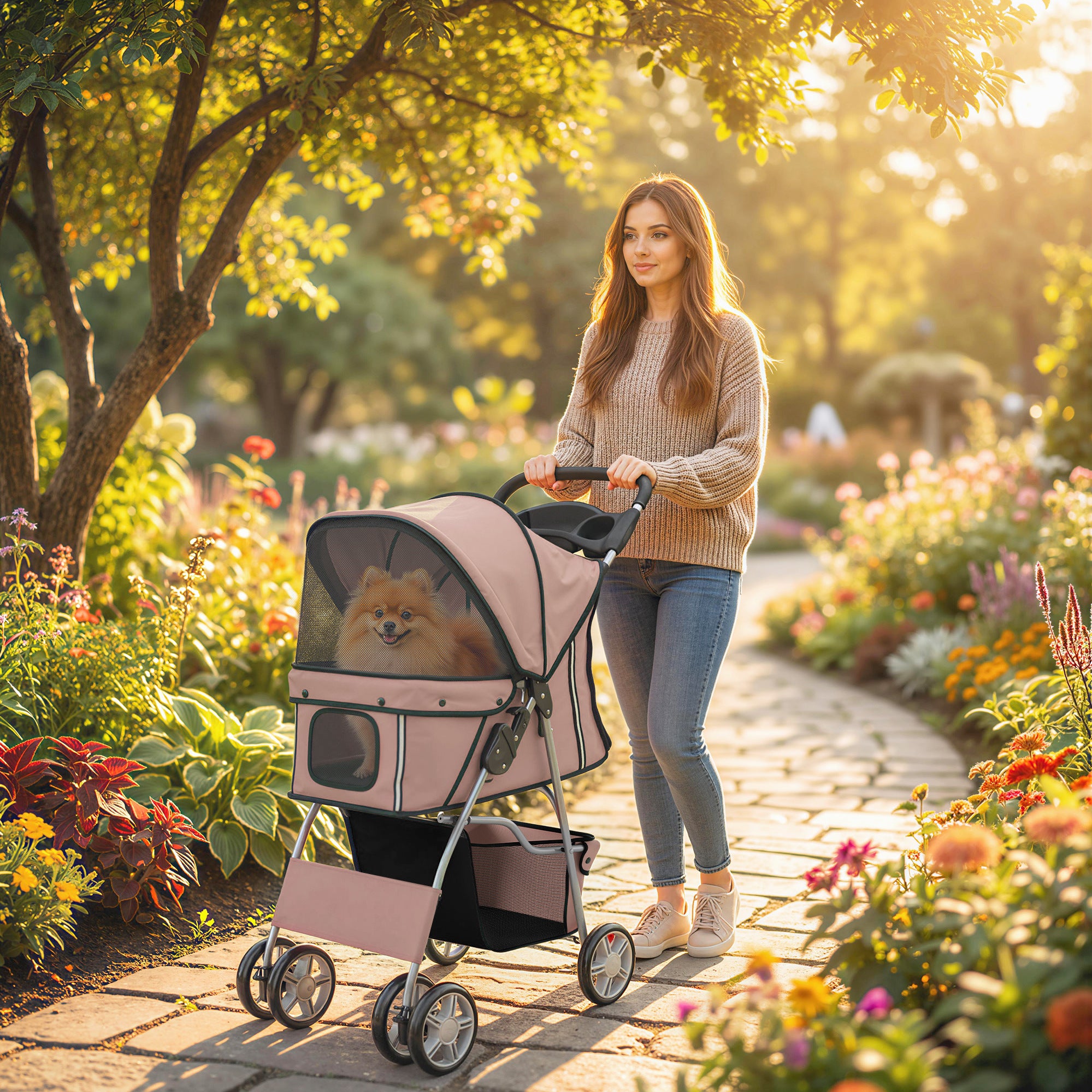 PawHut Dog Pram, Pet Stroller with Reflective Strips, Foldable Cat Stroller with 360° Swivel Wheels, Brown 