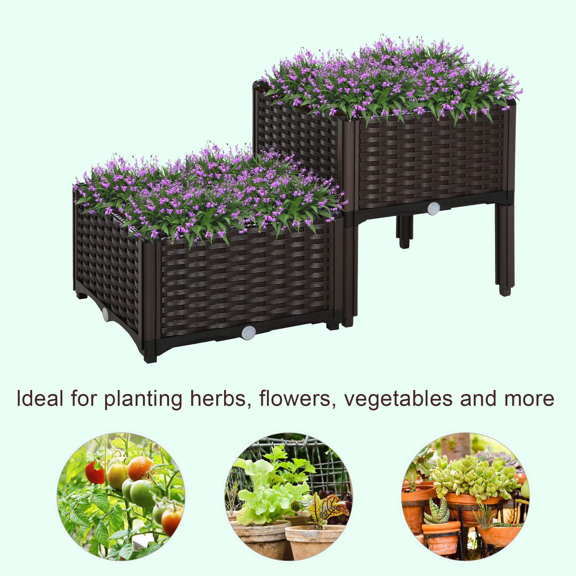 Outsunny Set of 2 26L Garden Raised Bed Elevated Patio Flower Plant Planter Box PP Vegetables Planting Container, Brown 