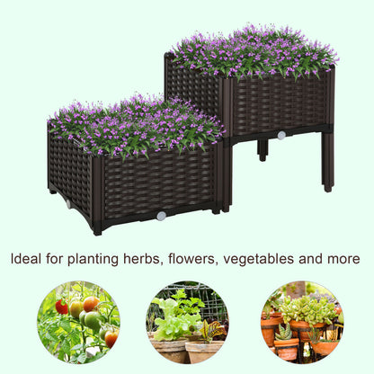 Outsunny Set of 2 26L Garden Raised Bed Elevated Patio Flower Plant Planter Box PP Vegetables Planting Container, Brown 